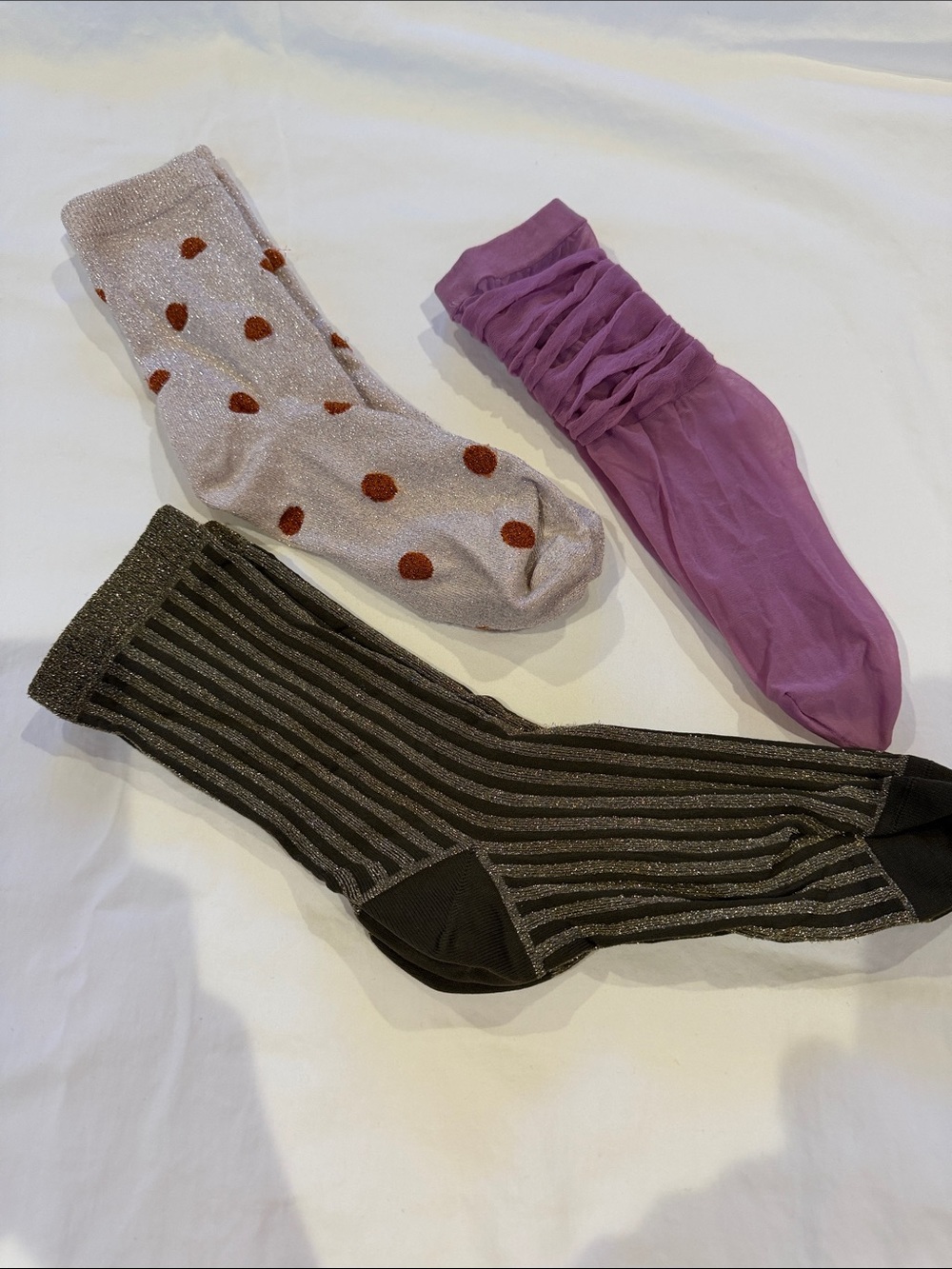 Women's Mixed Pattern Crew Socks - Polka Dot, Sheer Purple & Metallic Stripe